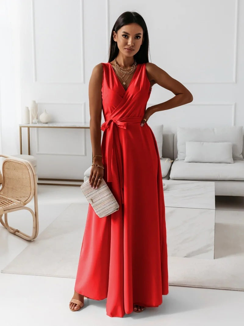 Londyn Women V-Neck Belted Maxi Dress - Sleeveless Evening & Party Wear LONDYN UPBRINGING