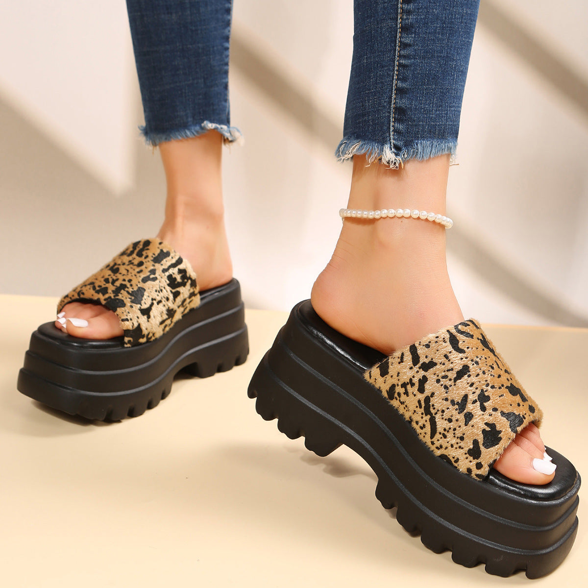 Women's Cow Print Peep Toe Slip-On Sandals: Summer Fashion Flat/Mid High Heel Mules LONDYN UPBRINGING