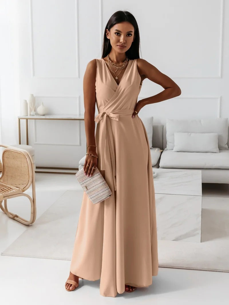 Londyn Women V-Neck Belted Maxi Dress - Sleeveless Evening & Party Wear LONDYN UPBRINGING