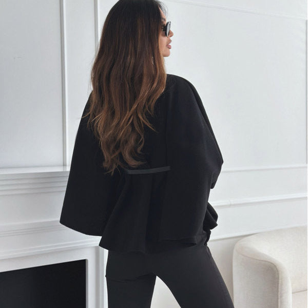 Women's Wool-Blend Cape Coat: Stand Collar Batwing Sleeves & Belted Temperament Jacket LONDYN UPBRINGING