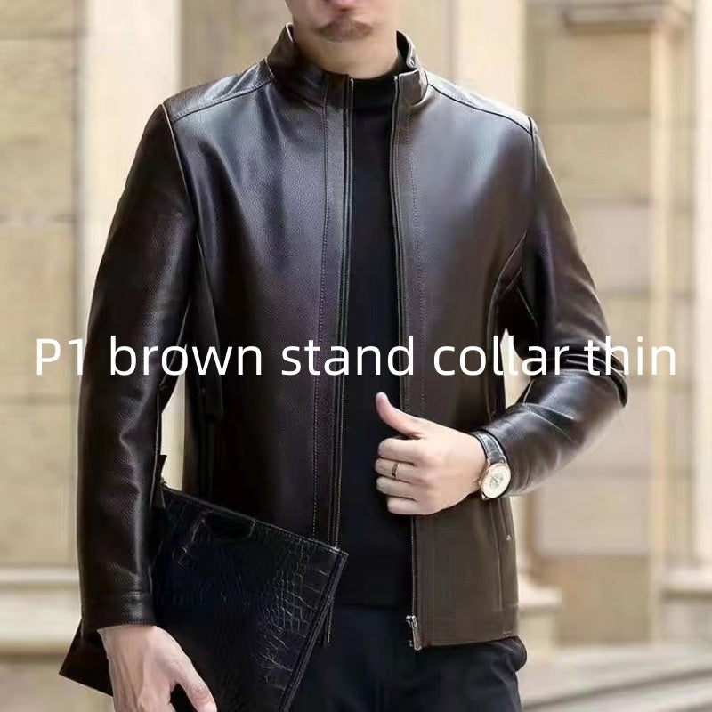Men’s Leather Jacket – Fleece-Lined Stand Collar Coat for Middle-Aged Style & Winter Warmth LONDYN UPBRINGING
