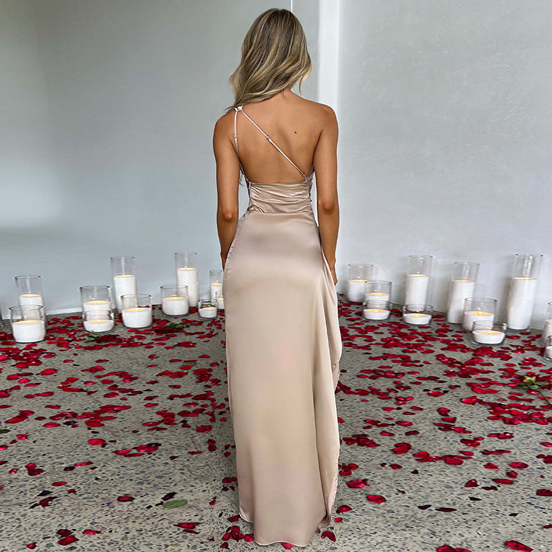 Elegant One-Shoulder Satin Slit Dress for Women | Sexy Backless Summer Slim-Fit LONDYN UPBRINGING