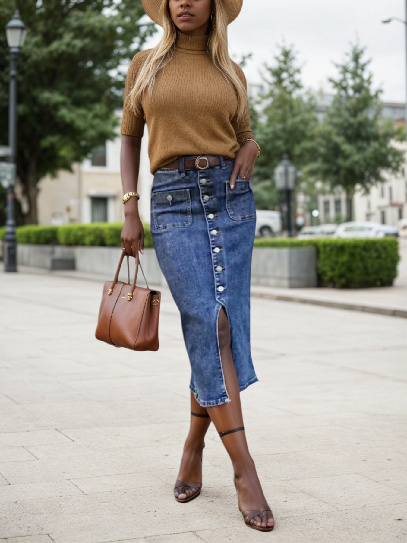 2025 Spring/Summer Plus Size Denim Midi Skirt - Elastic High-Waist, Casual Blue Wash with Split Hem LONDYN UPBRINGING