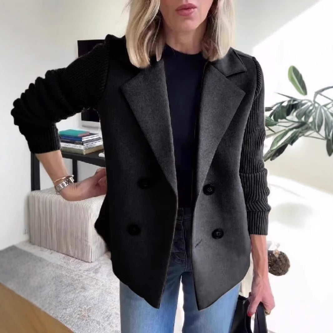 Women's Double-Breasted Lapel Coat with Knitted Sleeve Splicing: Fashion Outerwear Jacket LONDYN UPBRINGING
