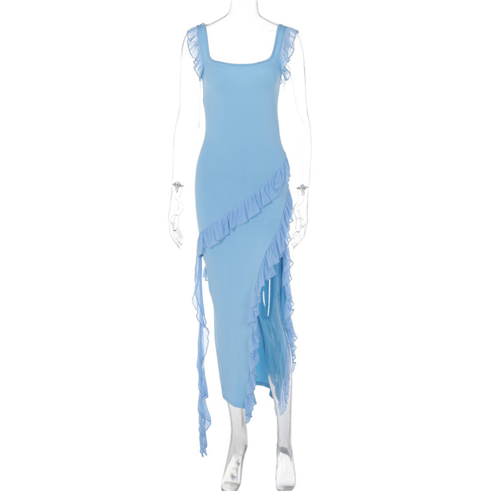 Elegant Ruffle Thigh-High Split Dress for Women | Sexy Spaghetti Strap Backless Evening Gown LONDYN UPBRINGING