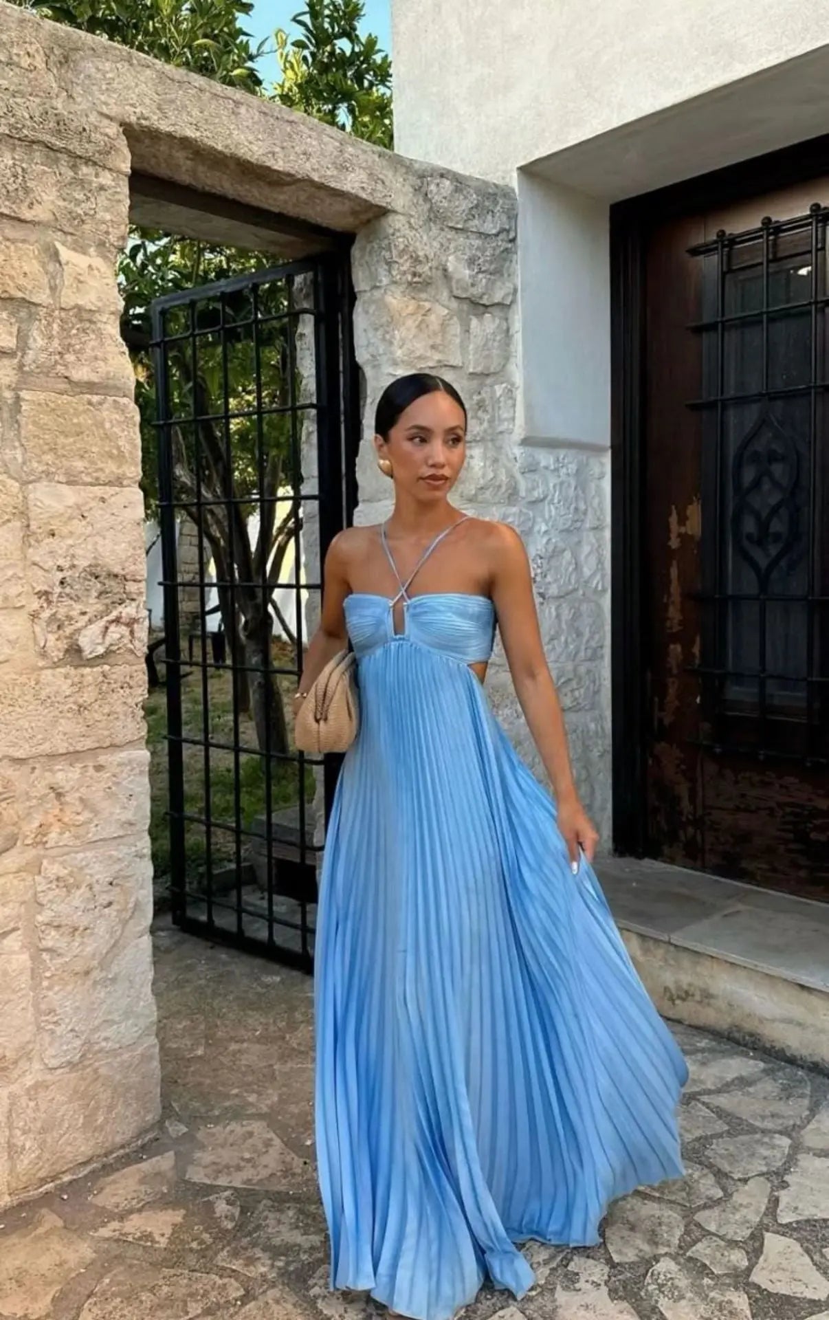 Halter Neck Pleated Midi Dress - Sleeveless Hollow-Out Evening & Club Wear LONDYN UPBRINGING