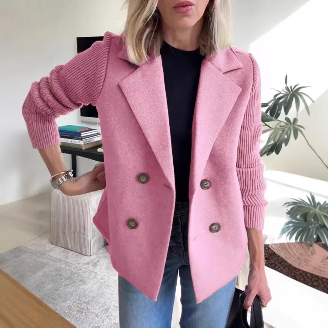 Women's Double-Breasted Lapel Coat with Knitted Sleeve Splicing: Fashion Outerwear Jacket LONDYN UPBRINGING