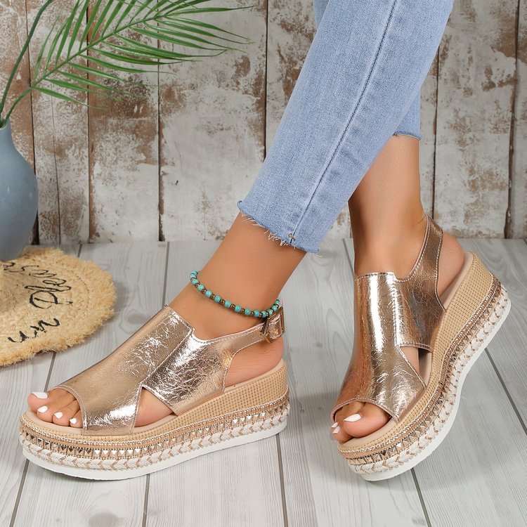 Shiny Buckle Wedge Sandals | Women's Hollow Design Fish Mouth Wedges LONDYN UPBRINGING