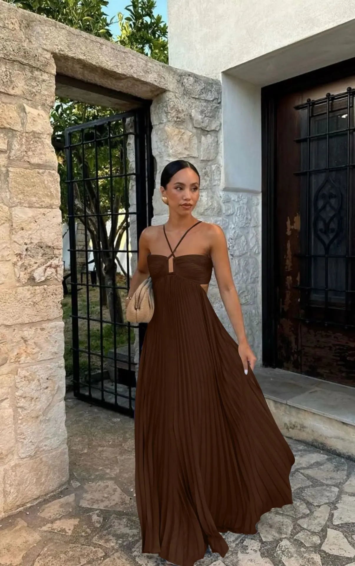 Halter Neck Pleated Midi Dress - Sleeveless Hollow-Out Evening & Club Wear LONDYN UPBRINGING