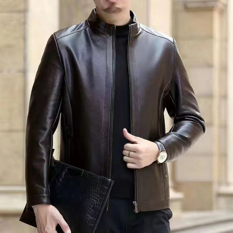 Men’s Leather Jacket – Fleece-Lined Stand Collar Coat for Middle-Aged Style & Winter Warmth LONDYN UPBRINGING