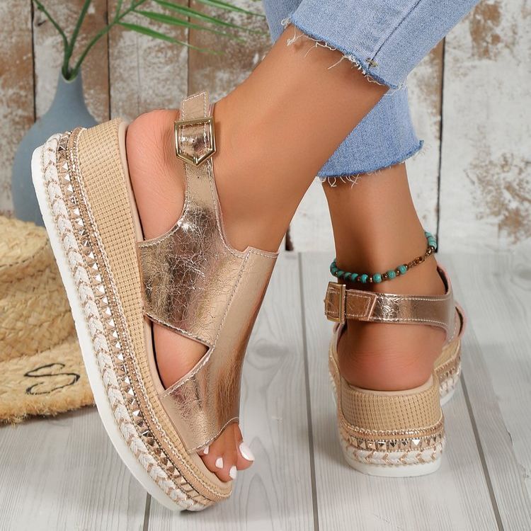 Shiny Buckle Wedge Sandals | Women's Hollow Design Fish Mouth Wedges LONDYN UPBRINGING