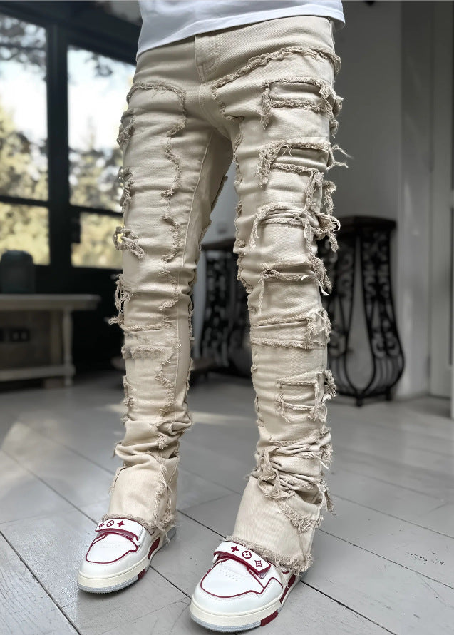Men’s Patched Stacked Jeans – Long Tight-Fit Fashion Trousers for Trendy Streetwear Style LONDYN UPBRINGING