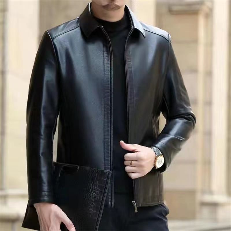 Men’s Leather Jacket – Fleece-Lined Stand Collar Coat for Middle-Aged Style & Winter Warmth LONDYN UPBRINGING