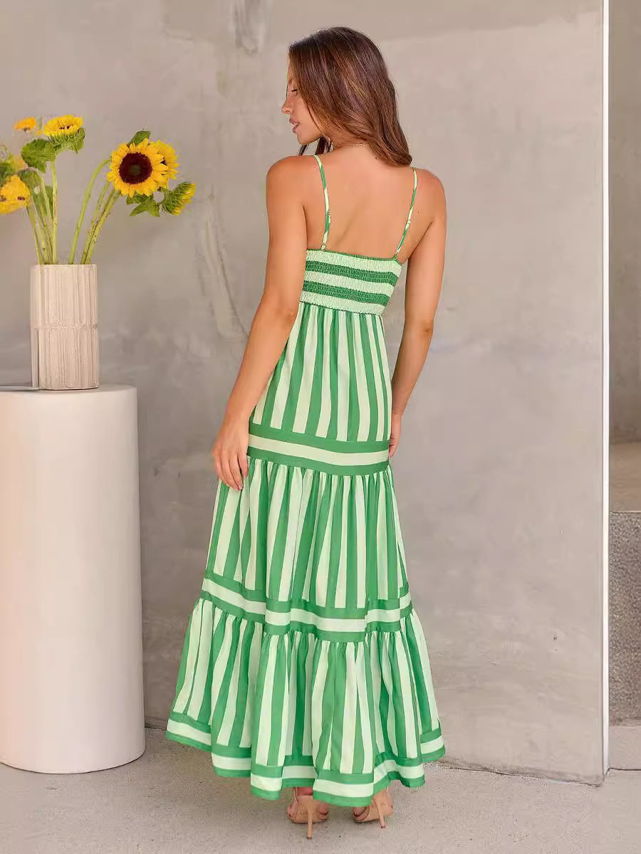 Striped Maxi Beach Dress - Square Neck Backless Suspender Dress w/ Pockets LONDYN UPBRINGING