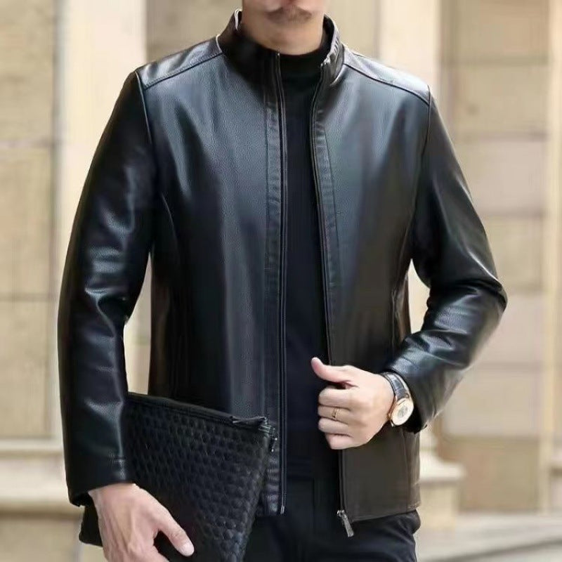 Men’s Leather Jacket – Fleece-Lined Stand Collar Coat for Middle-Aged Style & Winter Warmth LONDYN UPBRINGING