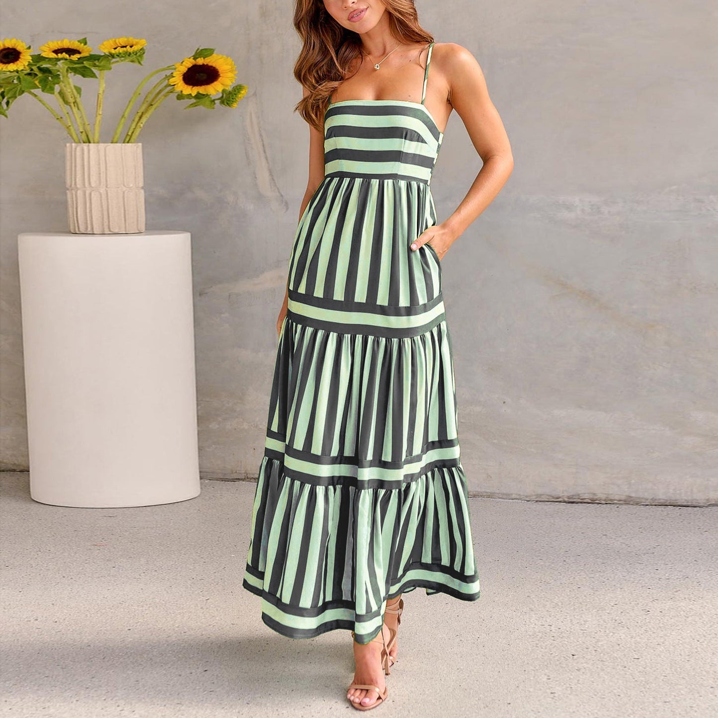 Striped Maxi Beach Dress - Square Neck Backless Suspender Dress w/ Pockets LONDYN UPBRINGING