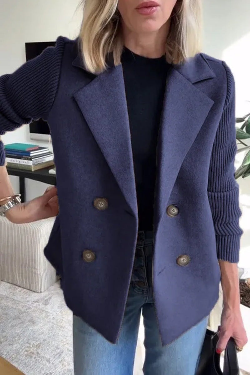 Women's Double-Breasted Lapel Coat with Knitted Sleeve Splicing: Fashion Outerwear Jacket LONDYN UPBRINGING