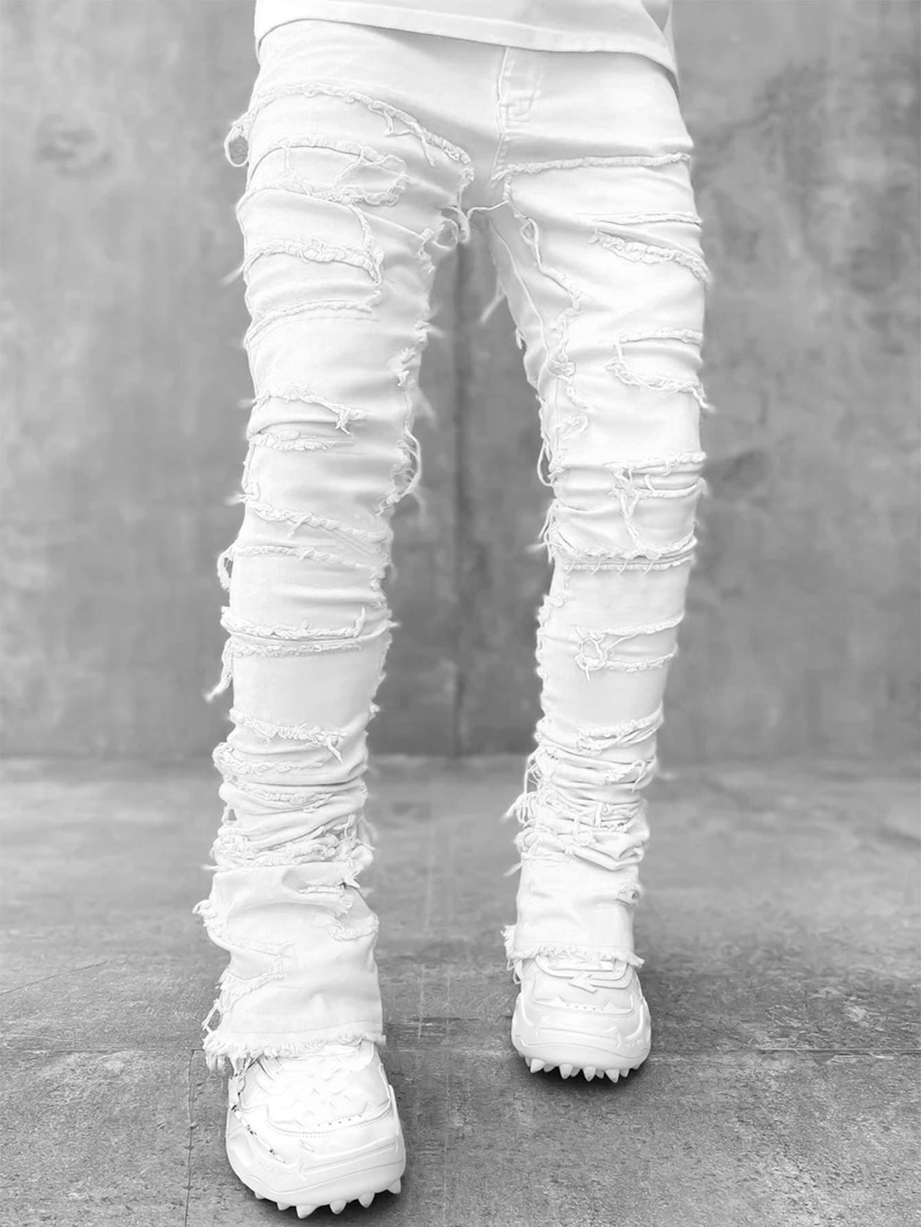 Men’s Patched Stacked Jeans – Long Tight-Fit Fashion Trousers for Trendy Streetwear Style LONDYN UPBRINGING