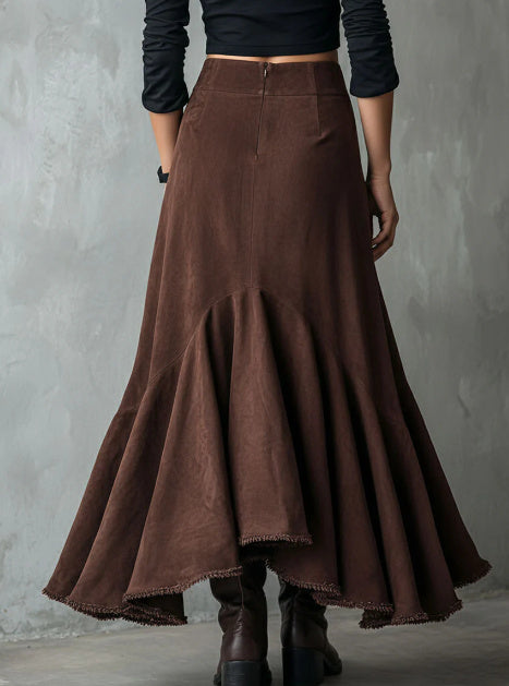 Western-Style Eco Suede High-Low Maxi Skirt - Brown, Ruffle Tiered, Boho Chic LONDYN UPBRINGING