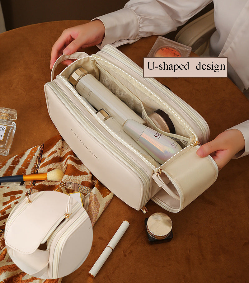 Three-Layer PU Leather Cosmetic Bag – Double Zipper U-Shaped Makeup Organizer for Travel & Skincare Storage LONDYN UPBRINGING