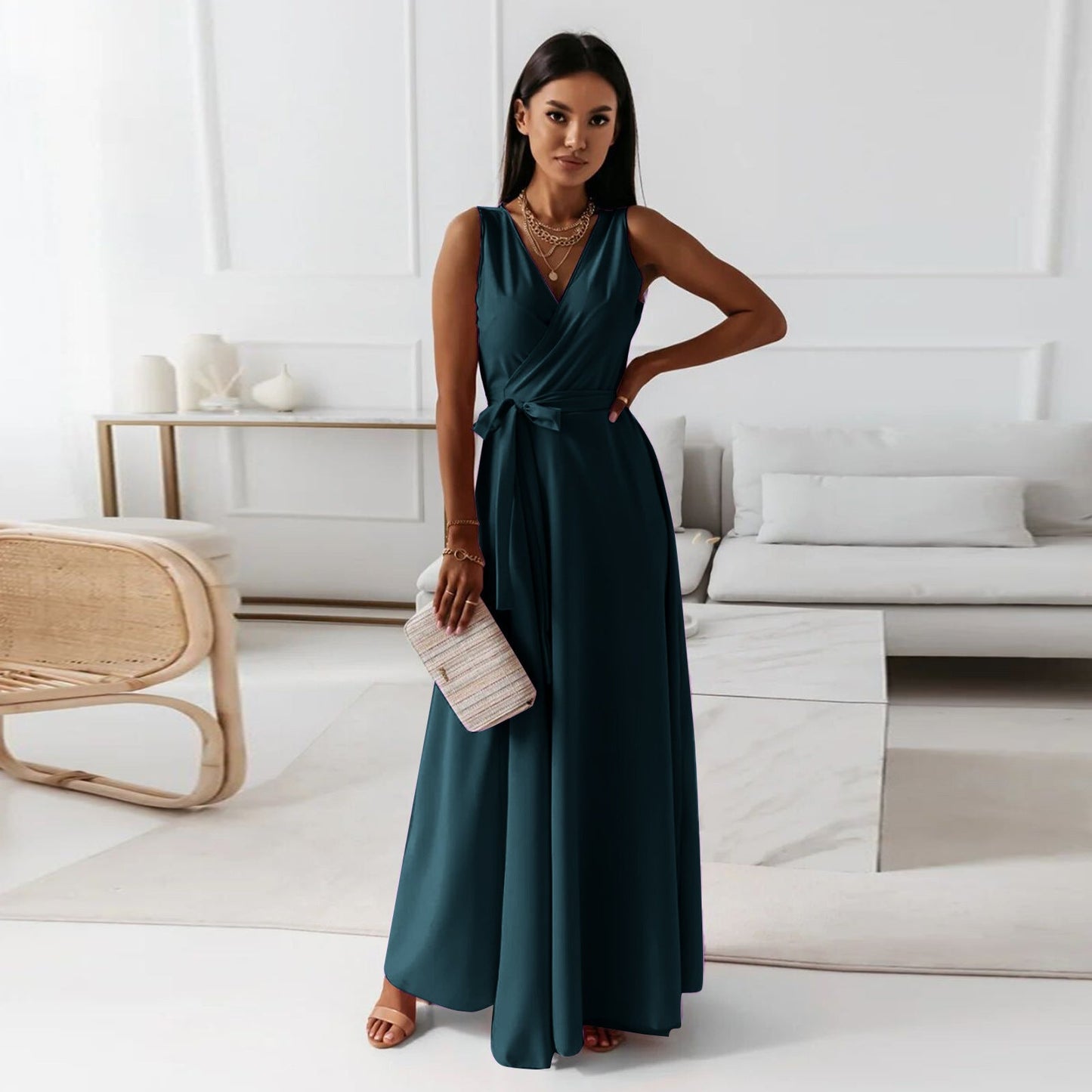 Londyn Women V-Neck Belted Maxi Dress - Sleeveless Evening & Party Wear LONDYN UPBRINGING