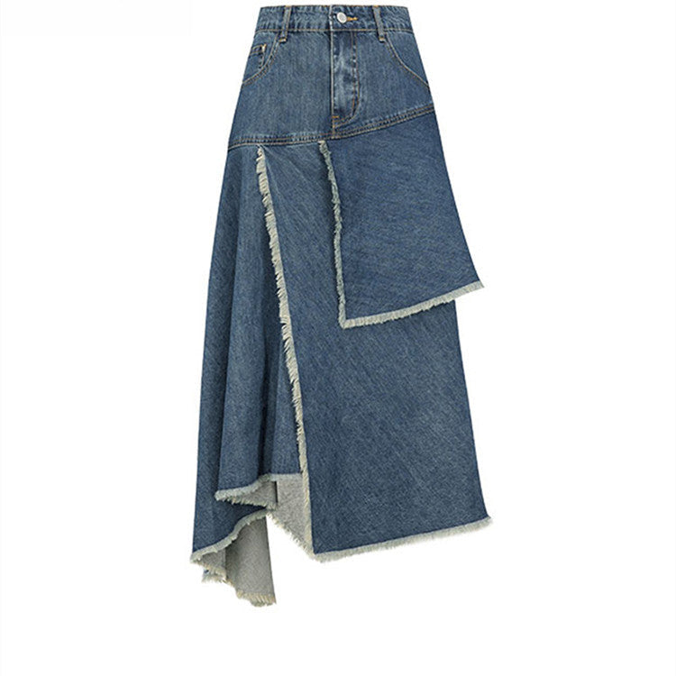 Women's Retro High Waist Denim Skirt: Spring Irregular Hem A-Line Midi Skirt LONDYN UPBRINGING
