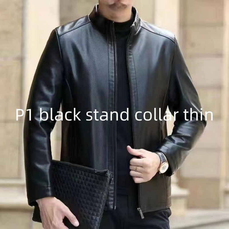 Men’s Leather Jacket – Fleece-Lined Stand Collar Coat for Middle-Aged Style & Winter Warmth LONDYN UPBRINGING