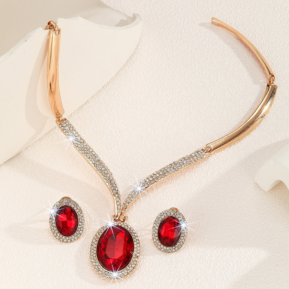 Ruby Red Crystal & Gold Rhinestone Necklace and Earrings Bridal Set LONDYN UPBRINGING