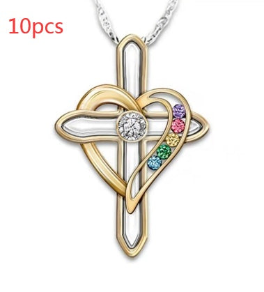 Cross Love Pendant Necklace with Colorful Faux Gemstones | Trendy Alloy Clavicle Chain for Women LONDYN UPBRINGING