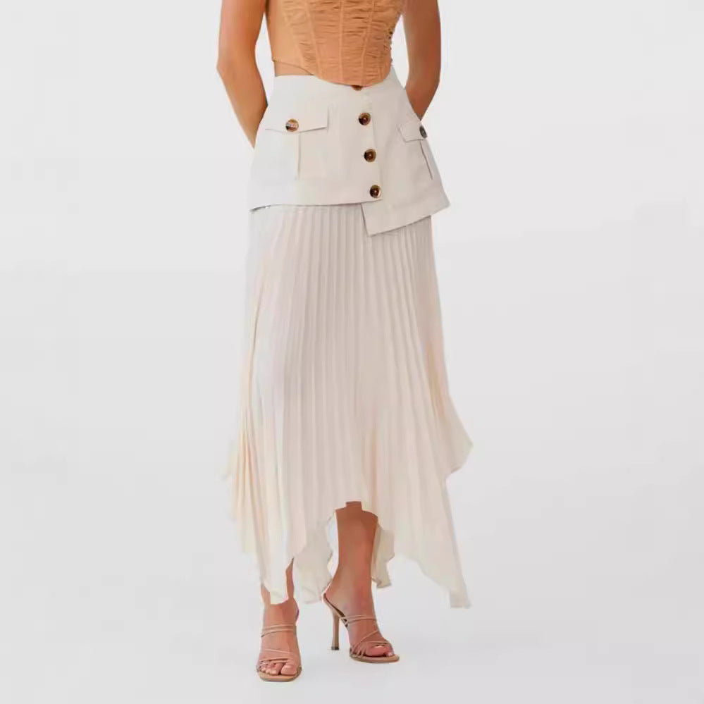 Irregular Hem Chiffon Stitching Pleated Skirt - Multi-Button Detail, A-Line Midi with Pockets LONDYN UPBRINGING