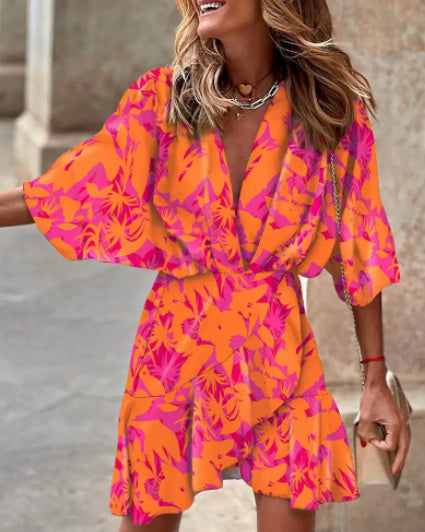 Elegant V-Neck High-Low Dress for Women | Short Sleeve Asymmetrical Hem Midi LONDYN UPBRINGING