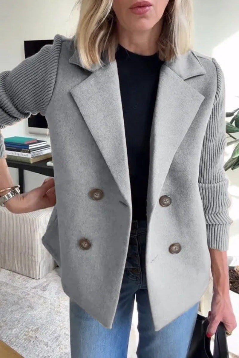 Women's Double-Breasted Lapel Coat with Knitted Sleeve Splicing: Fashion Outerwear Jacket LONDYN UPBRINGING