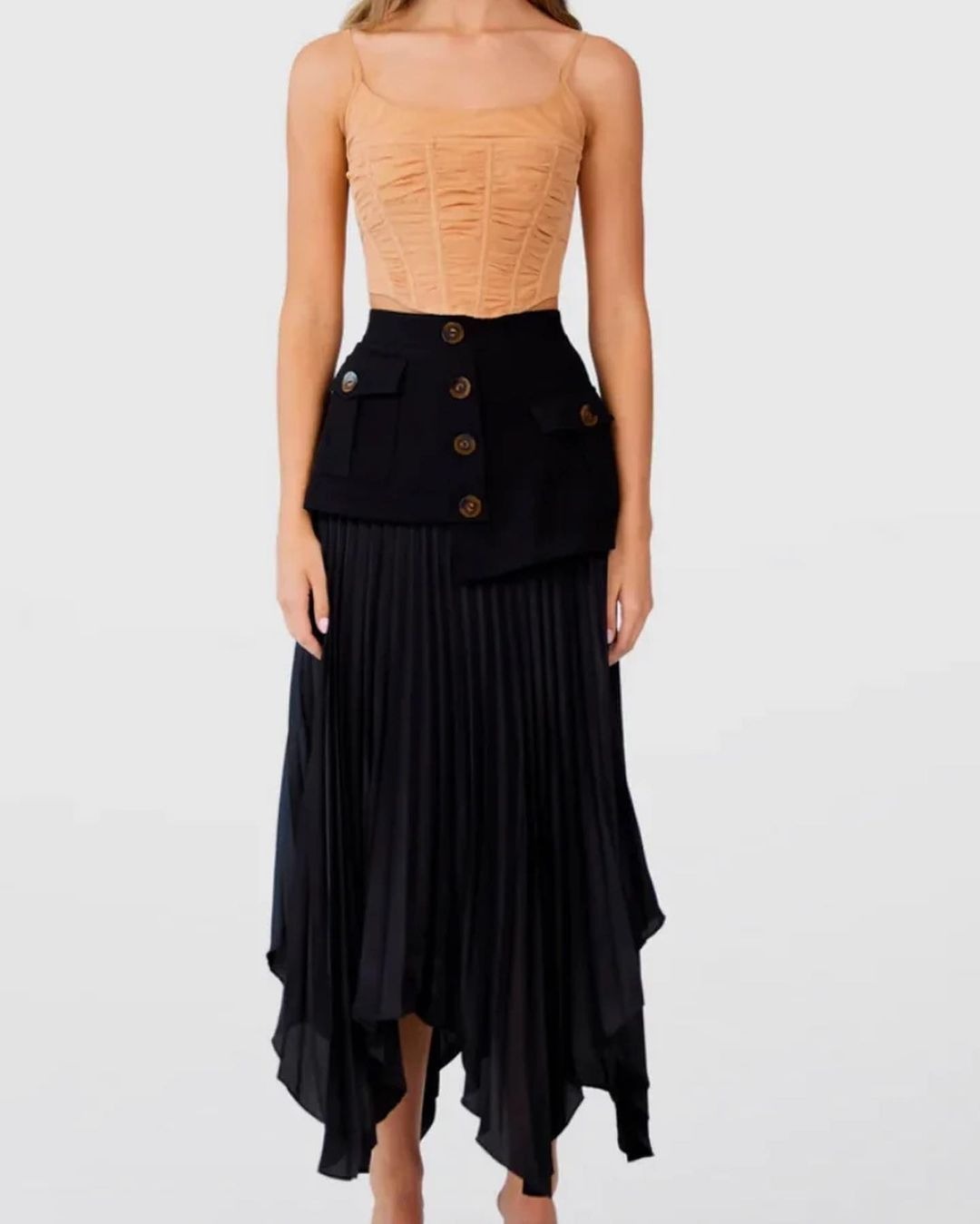 Irregular Hem Chiffon Stitching Pleated Skirt - Multi-Button Detail, A-Line Midi with Pockets LONDYN UPBRINGING