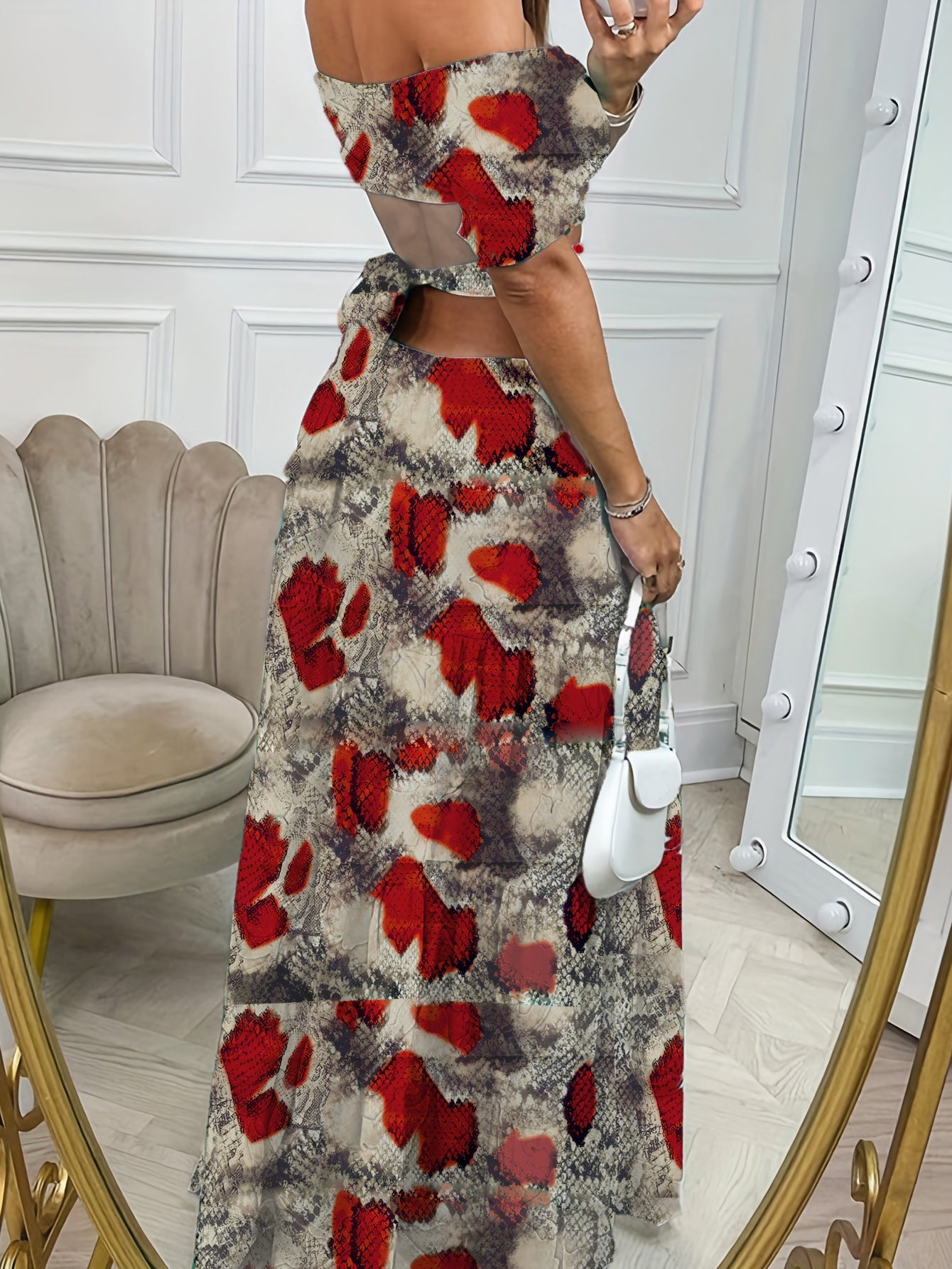 Printed One-Line Collar Long Dress for Women | Summer Vacation Hollow Waist Maxi LONDYN UPBRINGING