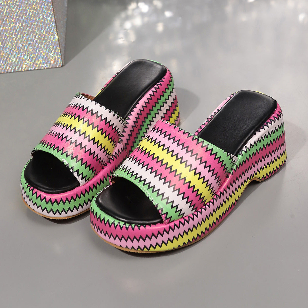 Women's Colorful Wave Print Wedge Sandals: Summer Platform Thick Bottom Slip-On Heels LONDYN UPBRINGING