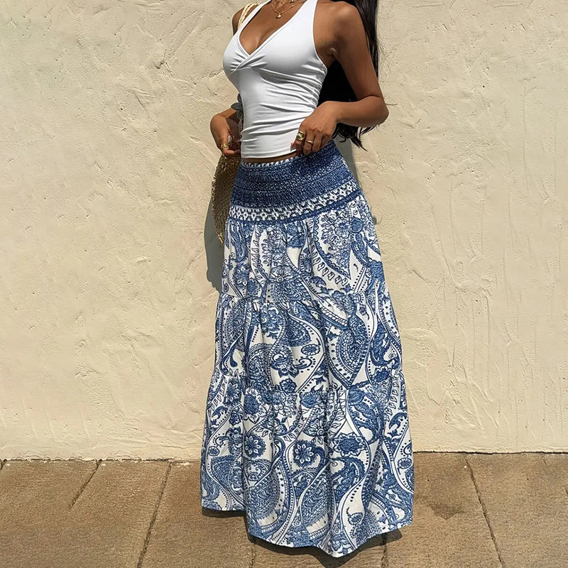 Boho Floral Print Maxi Skirt for Women: Elastic Waist A-Line Long Summer Beach Skirt LONDYN UPBRINGING