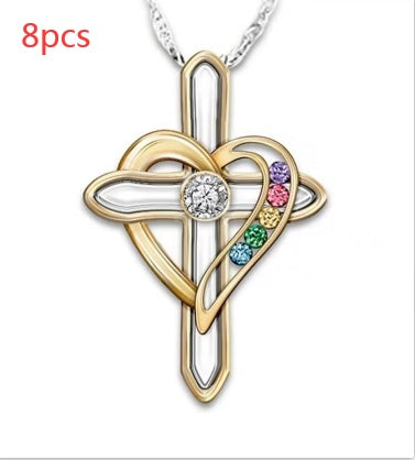 Cross Love Pendant Necklace with Colorful Faux Gemstones | Trendy Alloy Clavicle Chain for Women LONDYN UPBRINGING