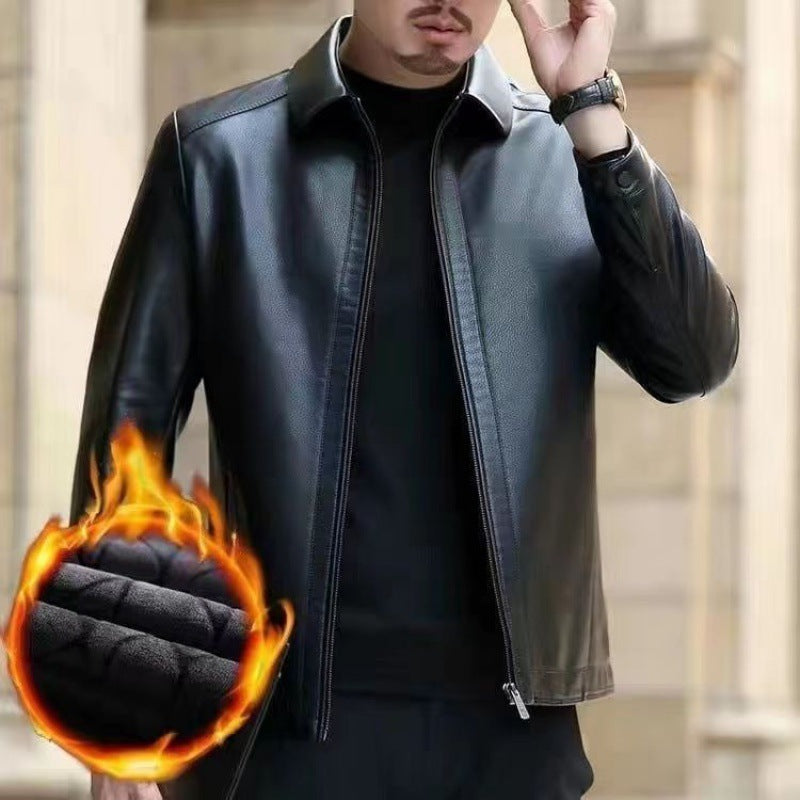 Men’s Leather Jacket – Fleece-Lined Stand Collar Coat for Middle-Aged Style & Winter Warmth LONDYN UPBRINGING