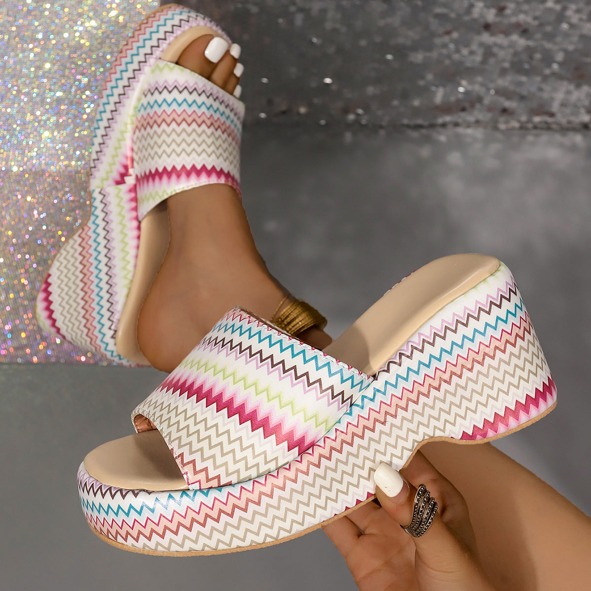 Women's Colorful Wave Print Wedge Sandals: Summer Platform Thick Bottom Slip-On Heels LONDYN UPBRINGING