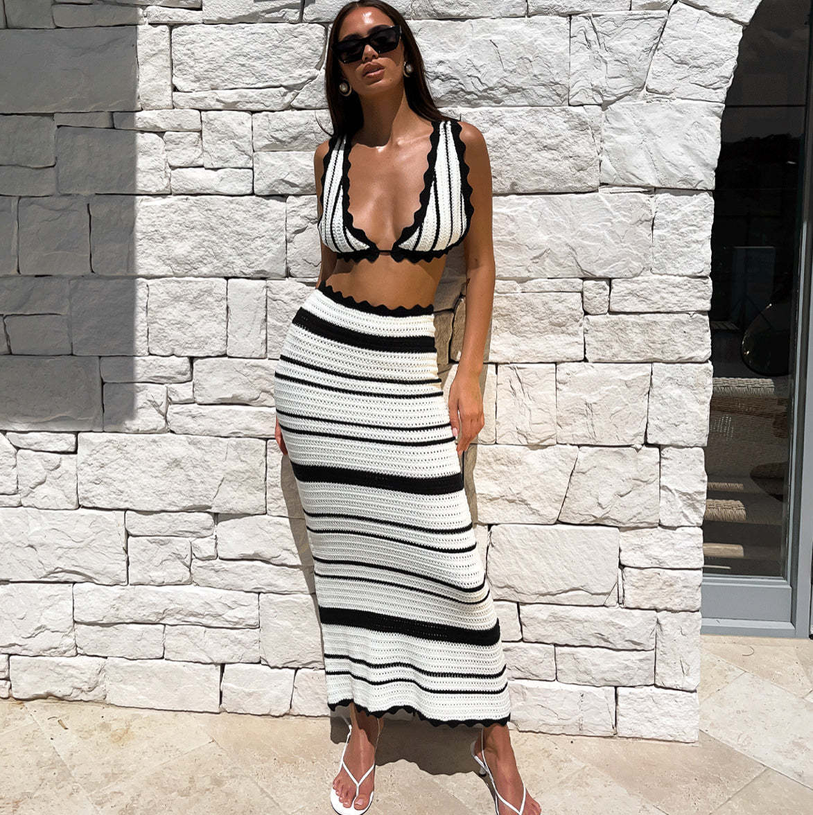 2pcs Striped Bikini Casual Vest Sling Top Suit Beach Summer Y2K Long Dress Suits For Women LONDYN UPBRINGING