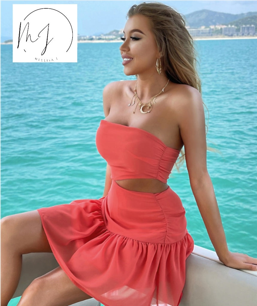 Off Shoulder Cut-Out Ruffle Pink Dresses LONDYN UPBRINGING
