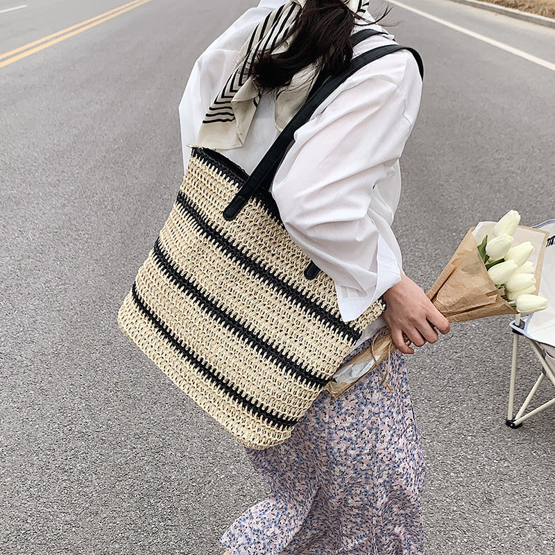 Striped Summer Straw Handbag for Women – Large Capacity Casual Tote Bag LONDYN UPBRINGING