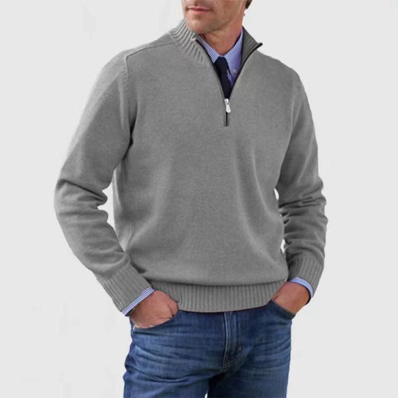 Classic Men's Knit Quarter-Zip Sweater - Solid Color Long Sleeve Stand Collar Top for Winter LONDYN UPBRINGING
