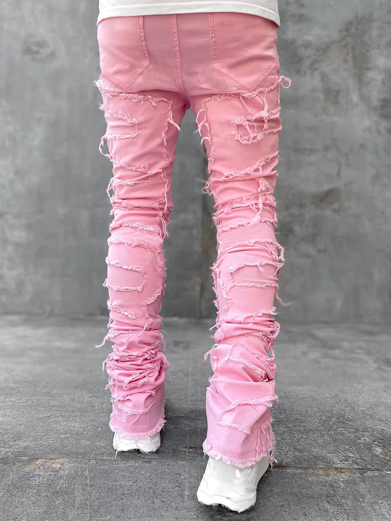 Men’s Patched Stacked Jeans – Long Tight-Fit Fashion Trousers for Trendy Streetwear Style LONDYN UPBRINGING