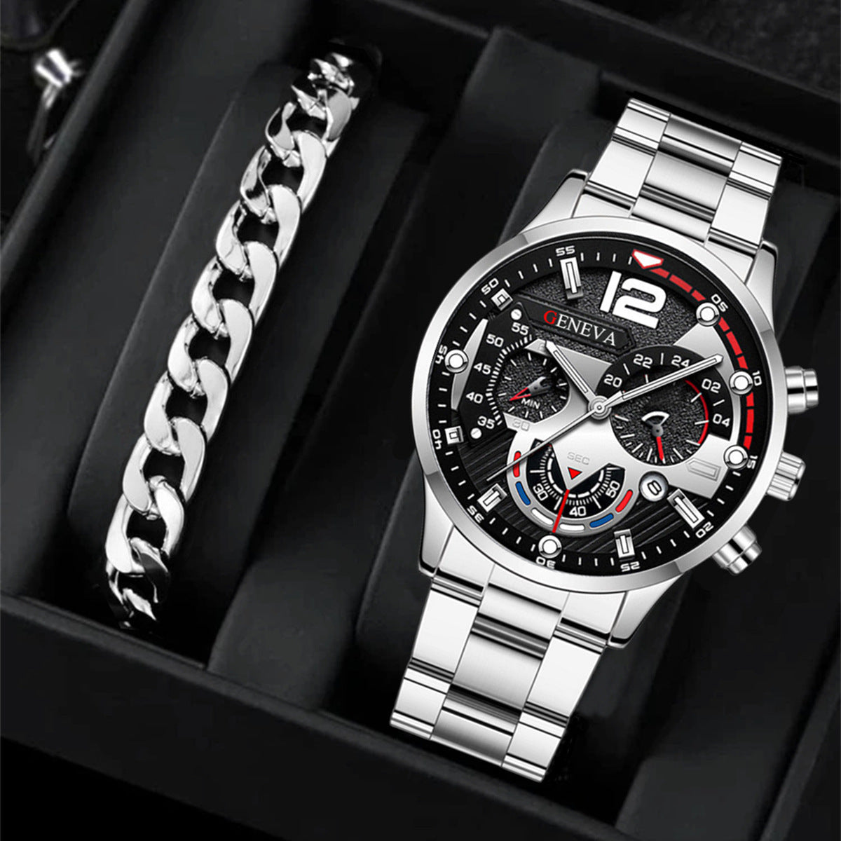 2PCS Men’s Quartz Watch & Bracelet Set – Steel Strip Fashion Business Watches, Perfect Valentine’s Gift LONDYN UPBRINGING