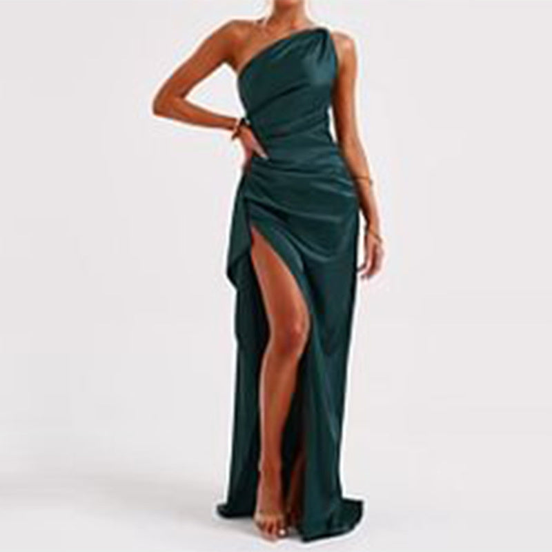 Elegant One-Shoulder Satin Slit Dress for Women | Sexy Backless Summer Slim-Fit LONDYN UPBRINGING