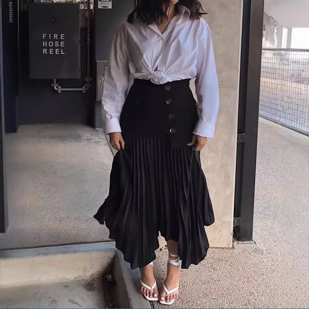 Irregular Hem Chiffon Stitching Pleated Skirt - Multi-Button Detail, A-Line Midi with Pockets LONDYN UPBRINGING