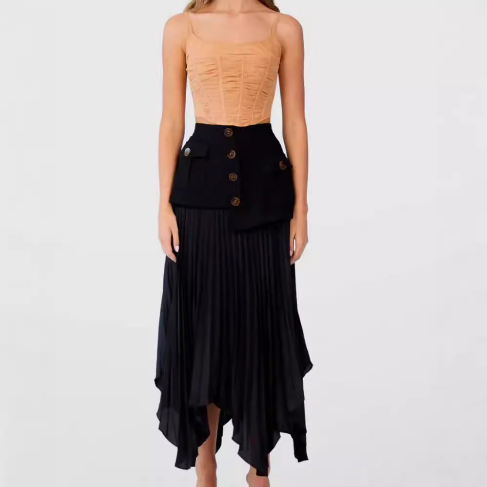Irregular Hem Chiffon Stitching Pleated Skirt - Multi-Button Detail, A-Line Midi with Pockets LONDYN UPBRINGING