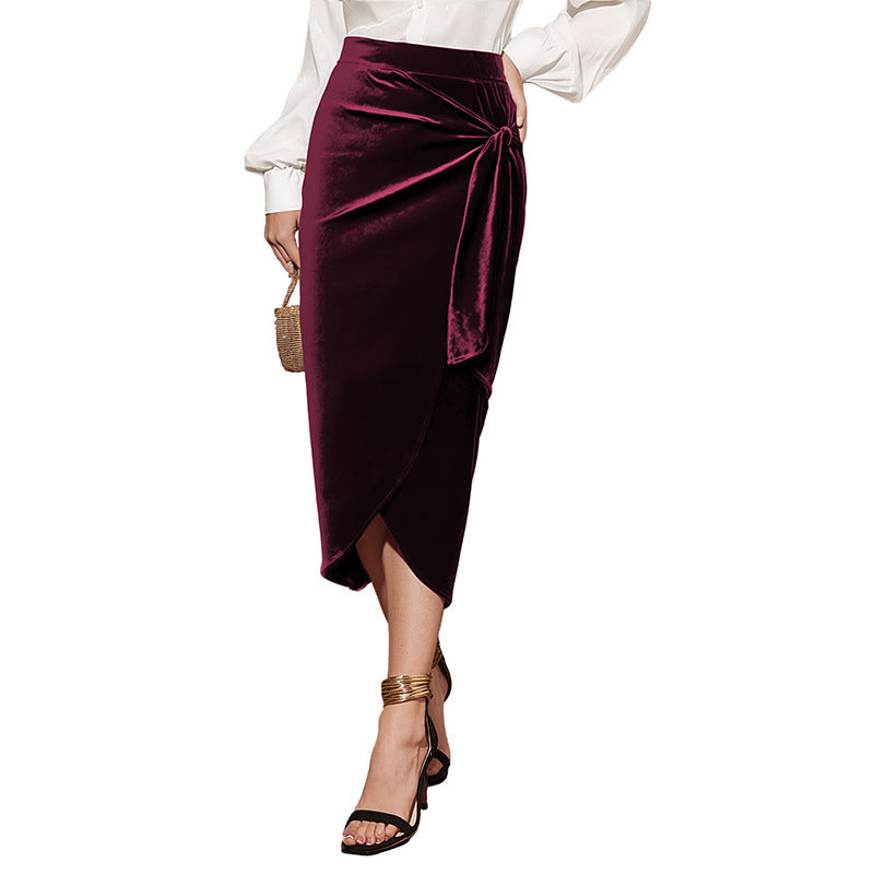 Solid Color Velvet Midi Dress - Temperament Commuter Style, Twisted Detail with Split Hem LONDYN UPBRINGING