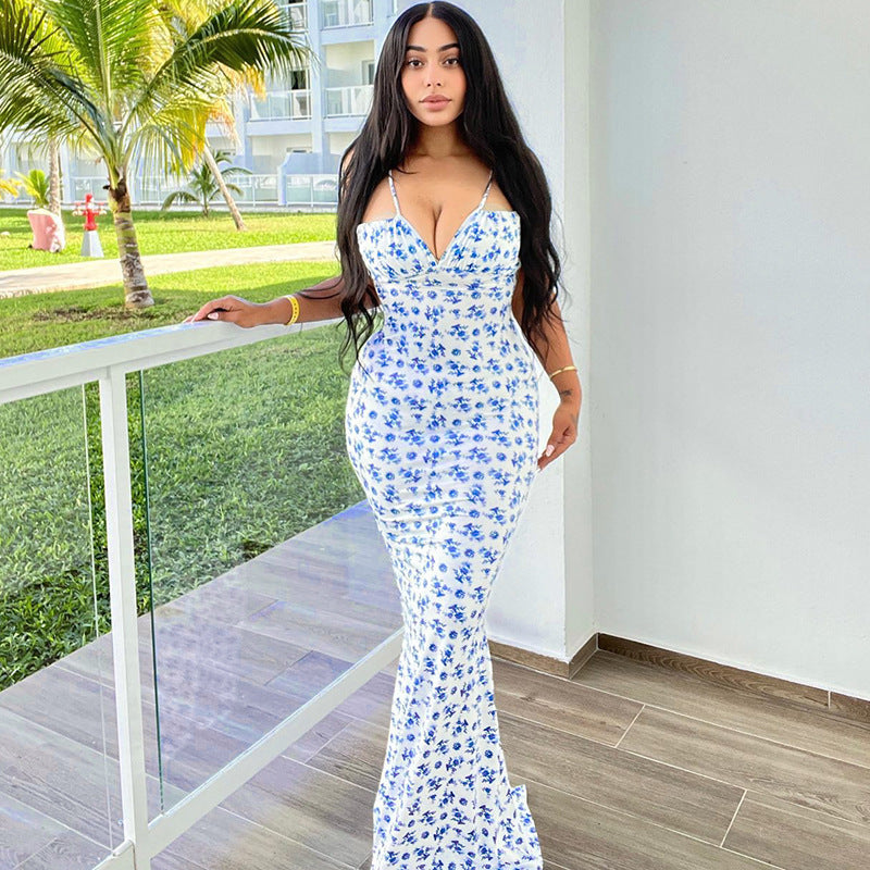 Floral Print Suspender Long Dress for Women | Slim Backless Lace-Up Summer Maxi LONDYN UPBRINGING